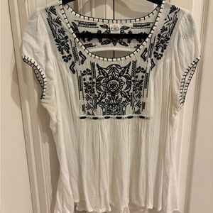 Bila White Short-Sleeve Peasant Blouse with Black Embroidery